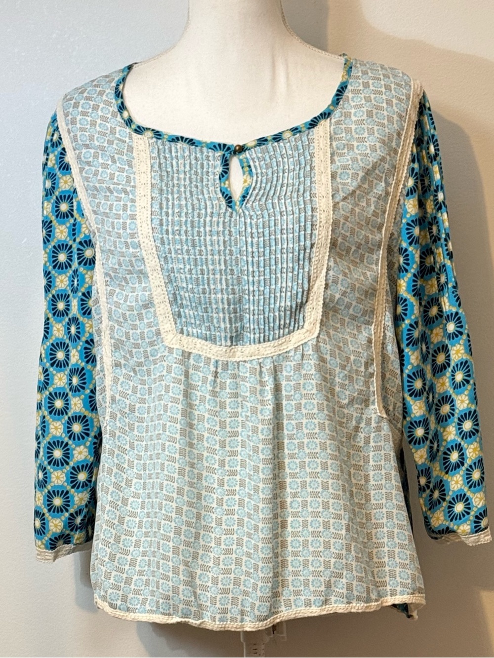 Matilda Jane Kaleidoscope Floral Peasant Blouse Blue Yellow Lace Trim Size Large